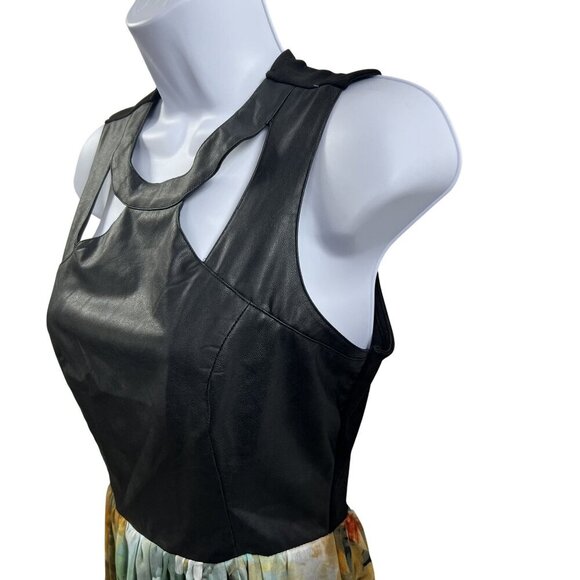 Black M Vegan Leather Cutout Floral Chiffon Maxi Sleeveless Dress Feminine Edgy - Picture 7 of 15